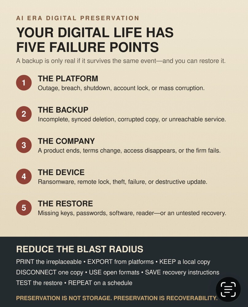 Infographic titled Your Digital Life Has Five Failure Points, covering risks to platforms, backups, companies, devices and restores, plus steps to reduce the blast radius.