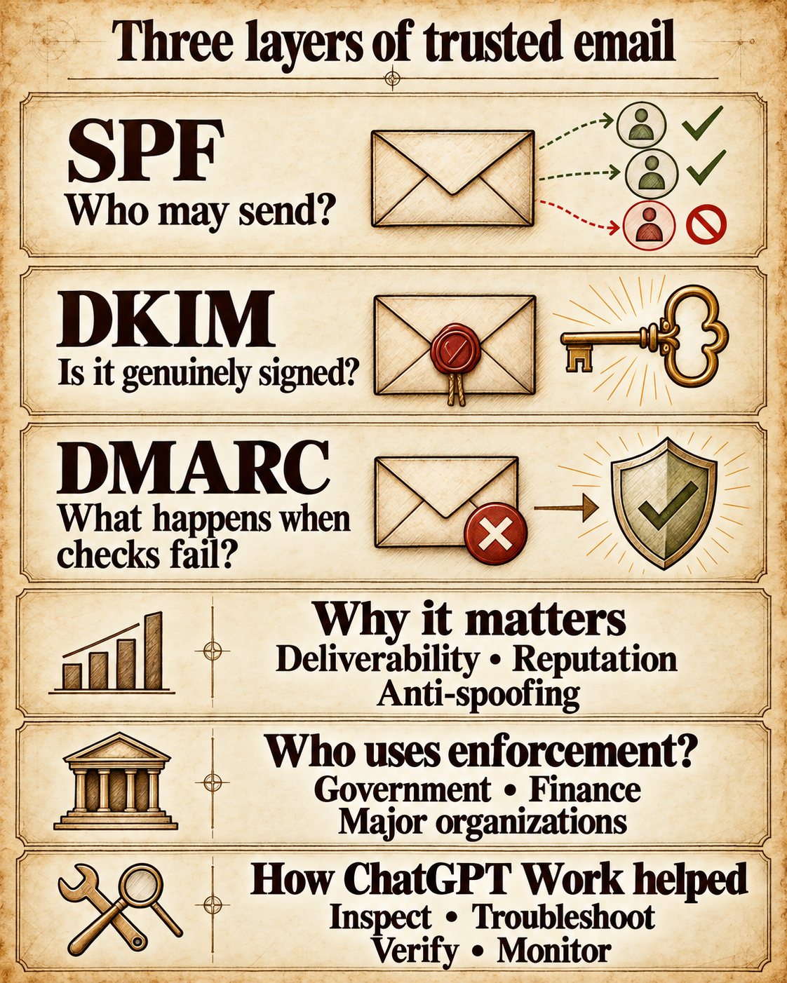 Three layers of trusted email: SPF controls who may send, DKIM verifies the signature, and DMARC defines what happens when authentication fails.